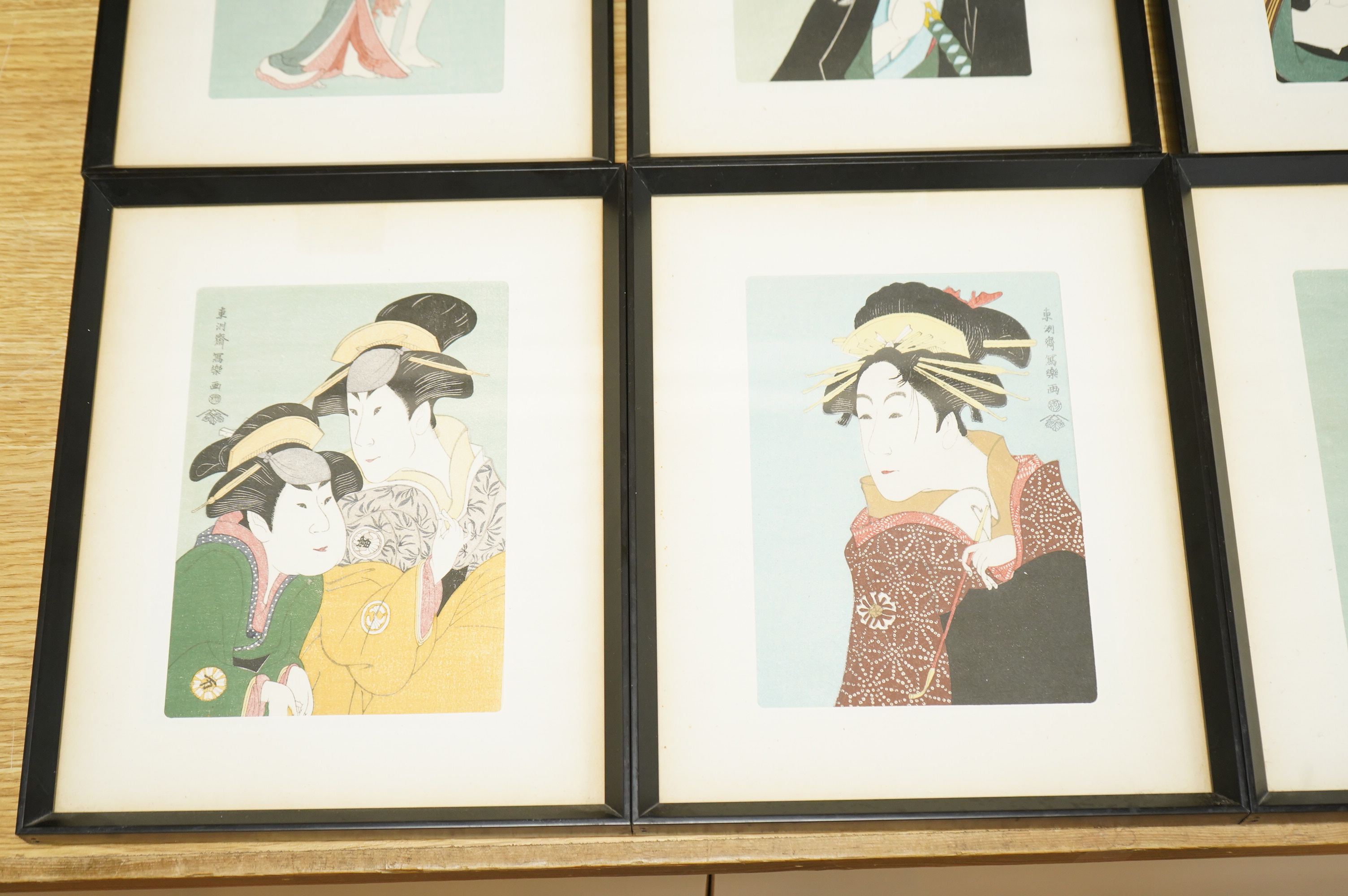 After Toshusai Sharaku (1770-1825), 'Masterpieces by Sharaku', set of six Japanese woodcut prints, 17.5 x 12cm